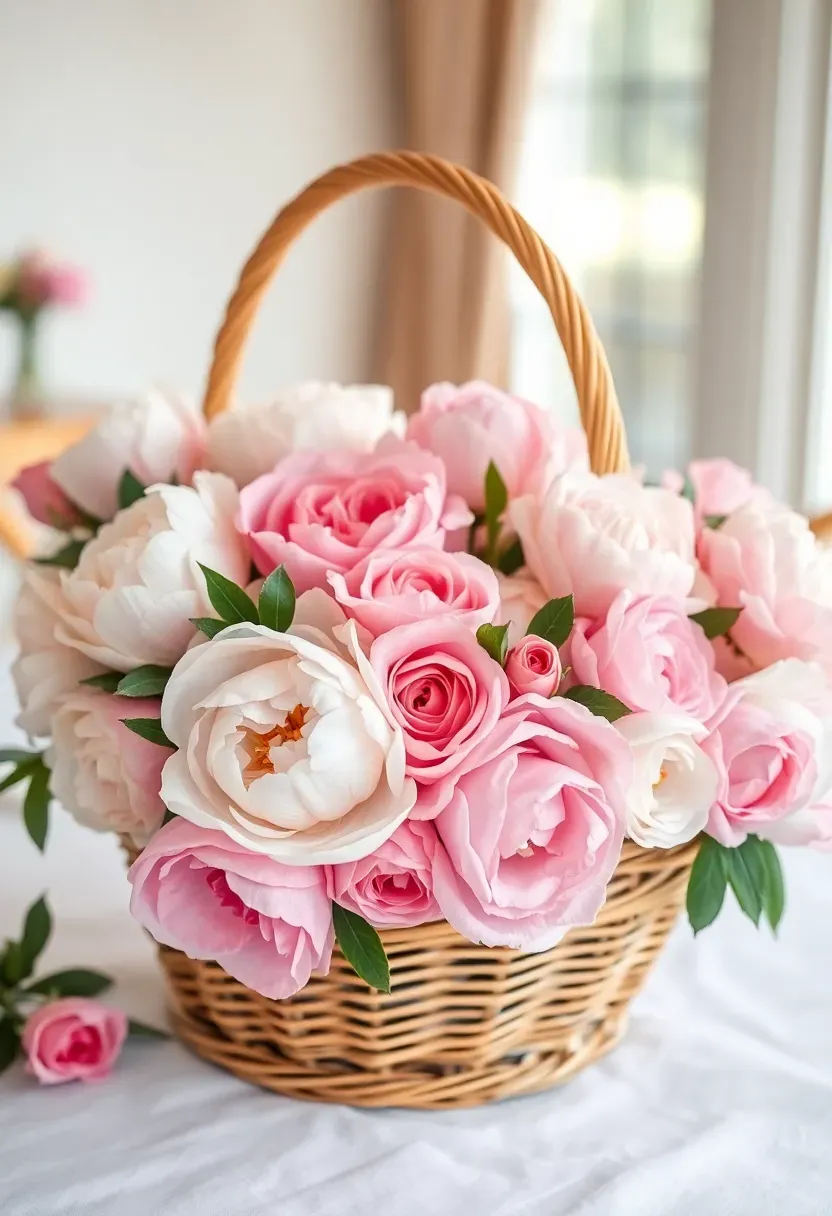 wicker basket overflowing with pink and white peonies and garden roses used as a baby shower table centerpiece