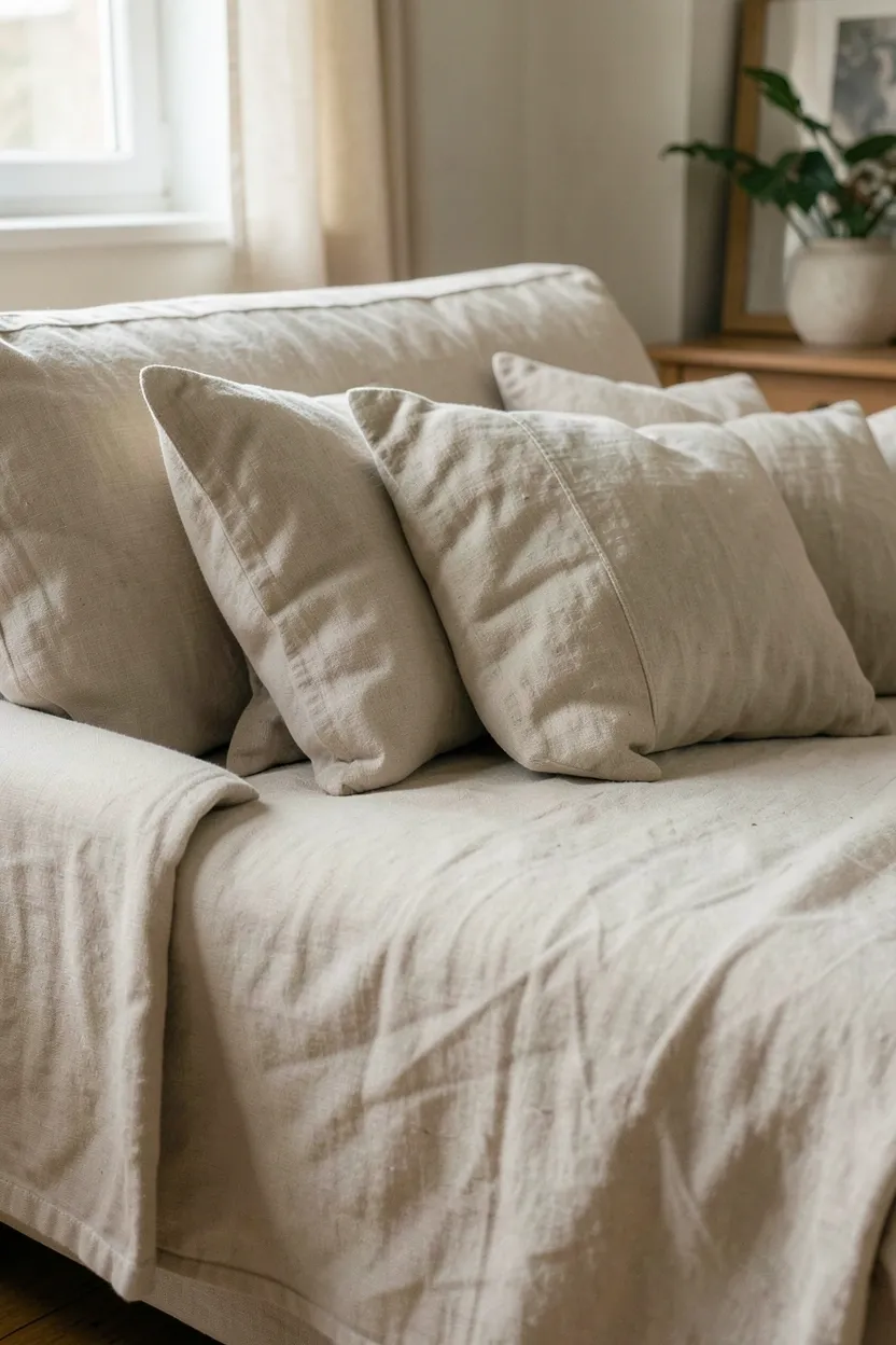 Linen slipcovered sofa in natural beige with relaxed wrinkles and linen throw pillows in a cozy rental living room