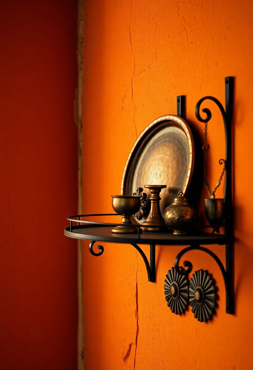 copper and bronze decorative objects on a dark iron bracket shelf