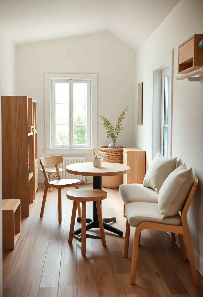 Hyper-realistic 3/4 view of a tiny house with lightweight furniture—nesting tables, stackable stools, chairs that tuck, easy reconfiguration. Materials: white oak floor, light oak furniture, linen cushions, matte white walls. Warm diffused window light, creamy neutrals with airy wood tones. Mood: flexible, light, adaptable. Shallow depth of field, sharp details, balanced composition, soft shadows, visible room context. No text, no logos, no watermarks.</p>