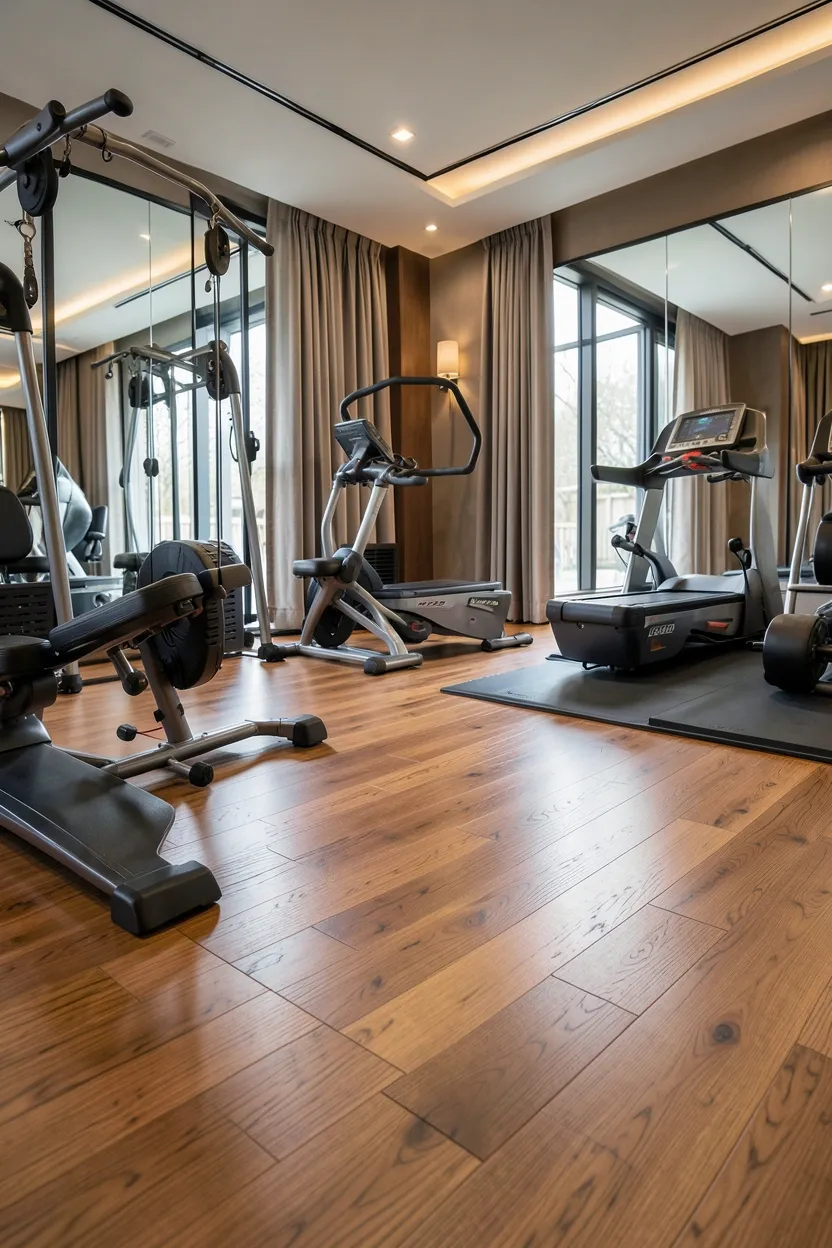 Cross-section diagram showing rubber underlayment layer beneath vinyl plank flooring for a quiet apartment gym