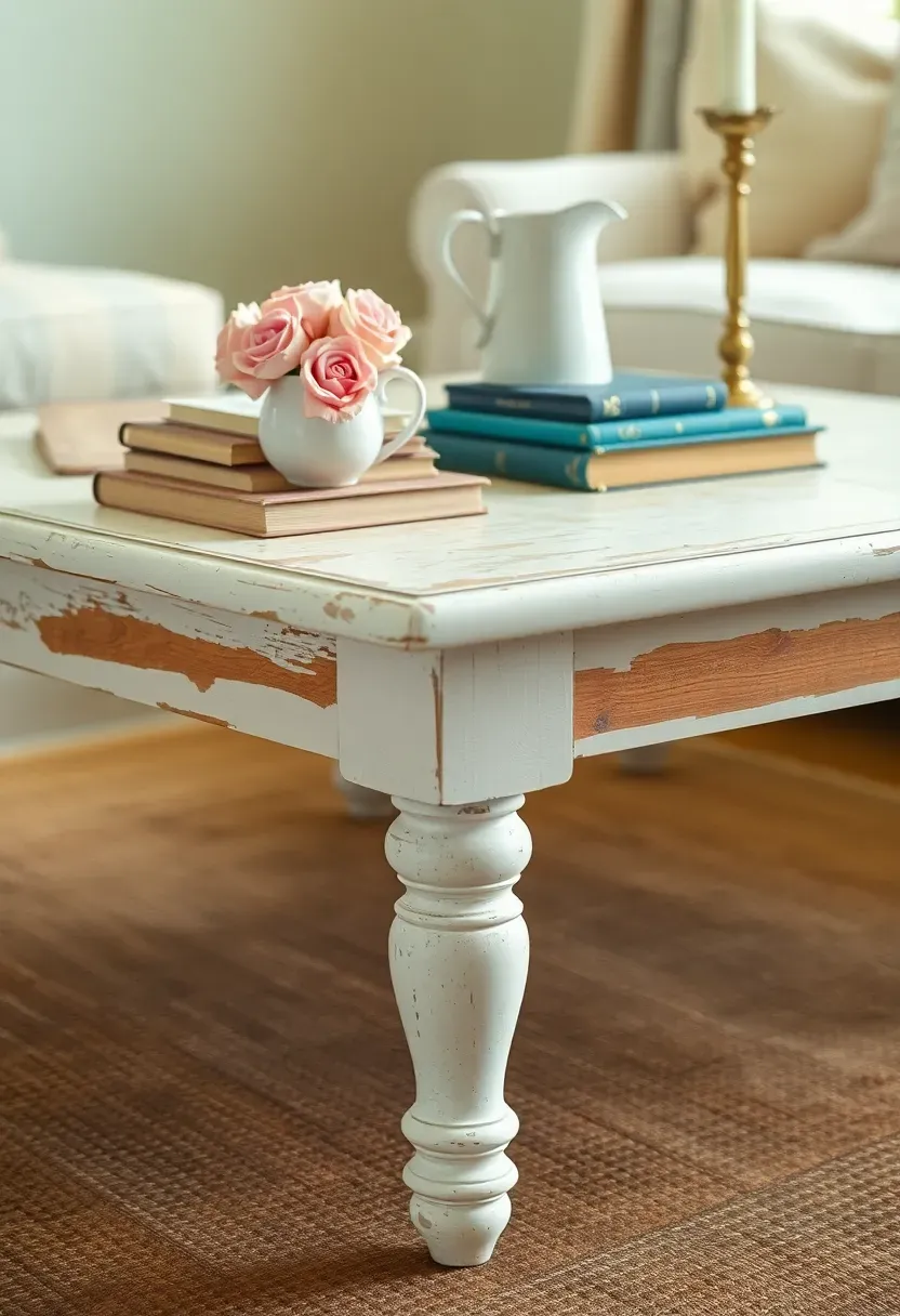 Distressed white wood coffee table with turned legs in a bright shabby chic living room