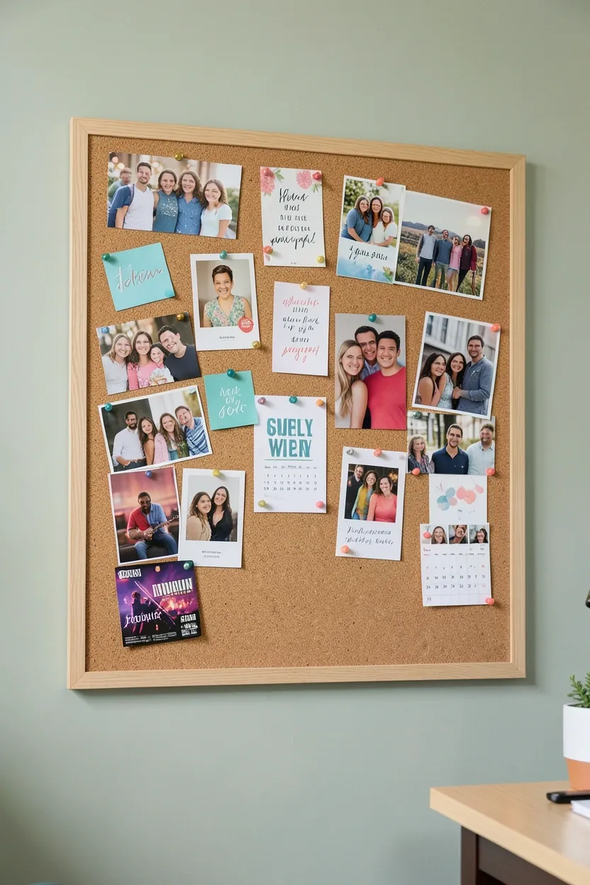 Teen bedroom bulletin board inspiration wall covered with photos, quotes, concert tickets, and goal notes