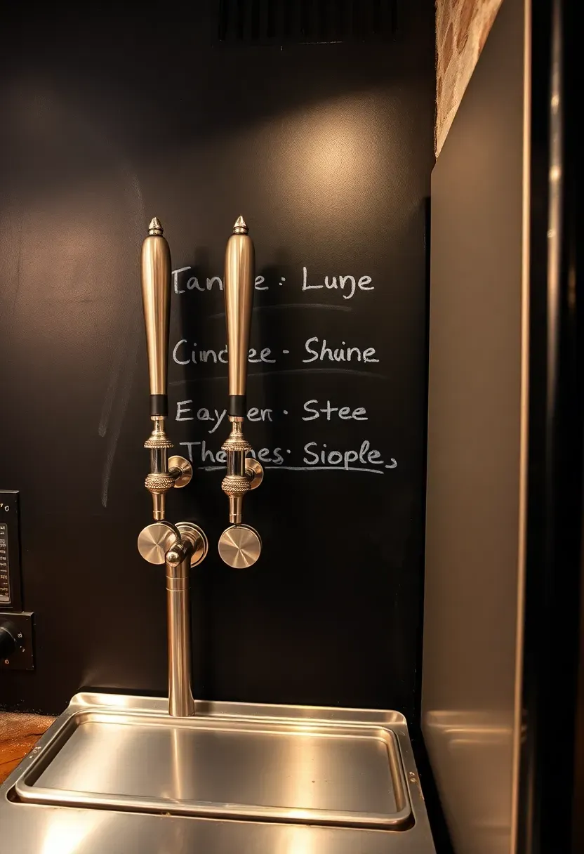 Basement craft beer wall with four stainless steel tap handles mounted on a chalkboard-painted wall, drip tray below, and kegerator visible to the side