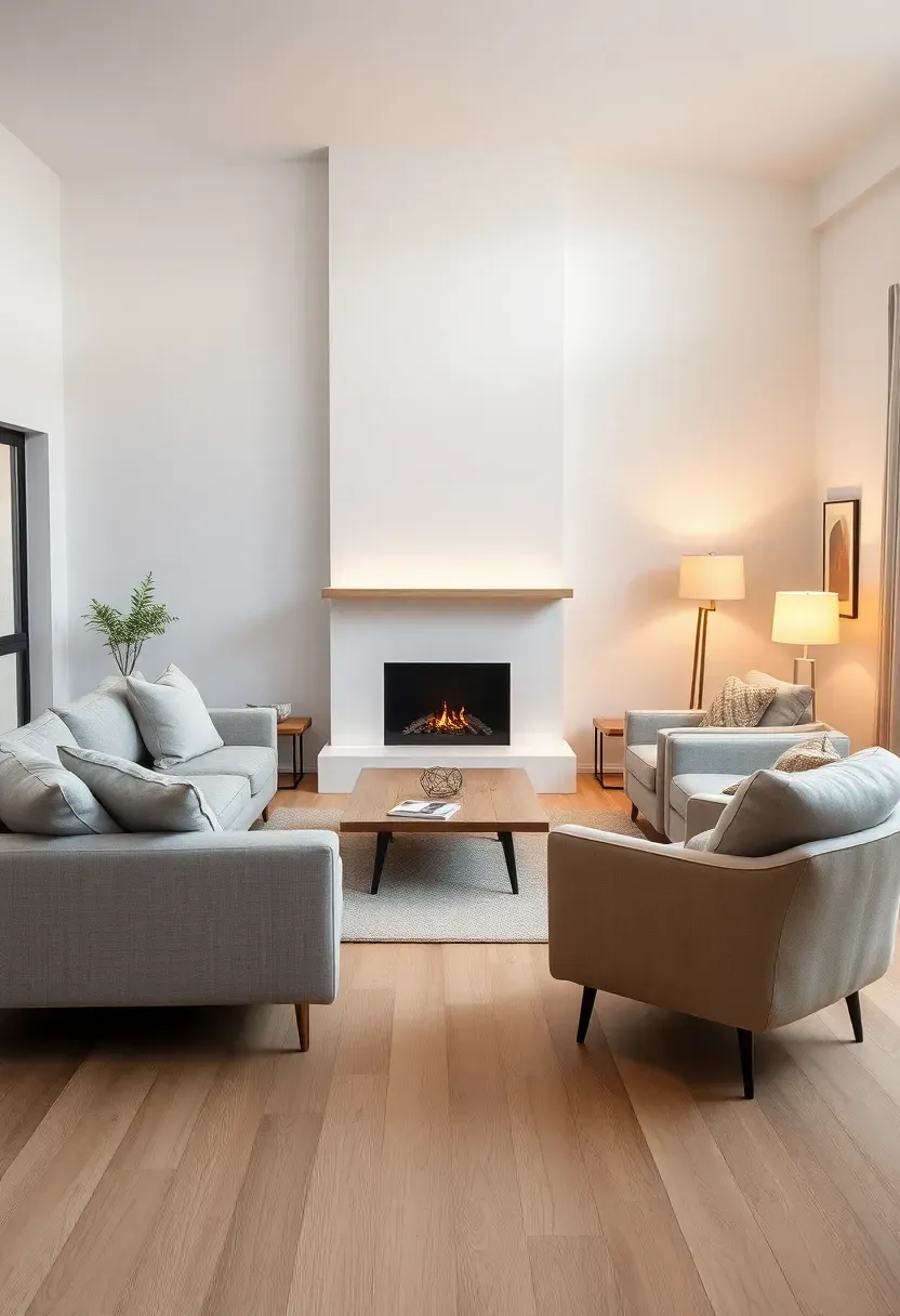 Hyper-realistic wide shot of a Scandinavian living room arranged around a white minimalist fireplace. Light gray sofa facing fireplace, two beige armchairs creating conversational U-shape. Low rectangular coffee table in center. Fireplace has simple white surround, black firebox interior, light wood mantel. White walls, light oak floor. Floor lamp with warm glow beside armchair. Materials: gray cotton, beige linen, light oak, matte white plaster, black metal. Warm ambient lighting from fireplace and lamp, cozy gathering mood. Sharp architectural details, visible room context, no text, no logos.</p>
