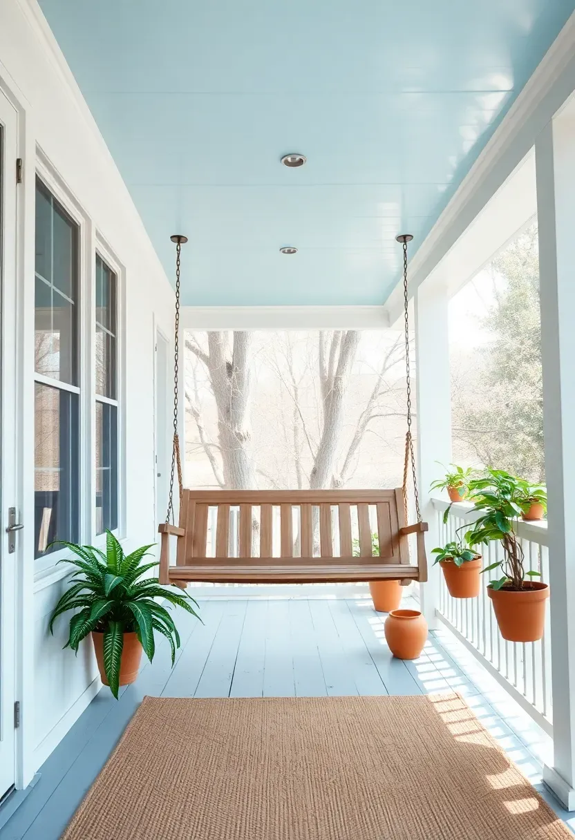 White farmhouse screened porch with a hanging porch swing, shiplap ceiling painted pale blue, potted ferns, and a woven jute rug