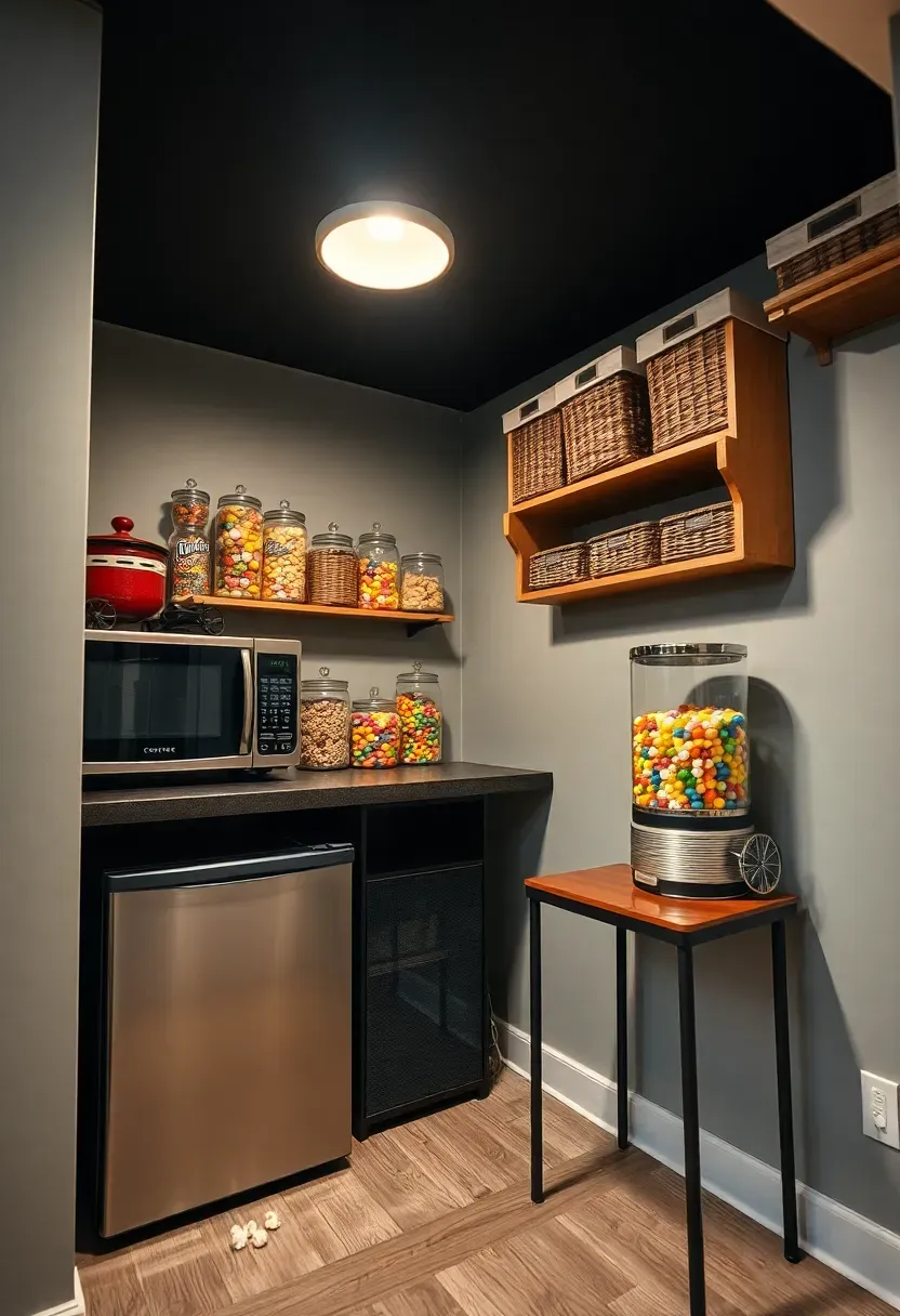Basement snack station with a countertop microwave, mini fridge, popcorn maker, candy jars, and organized snack bins on shelving