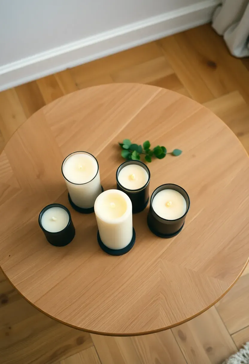 Hyper-realistic top-down angled shot of a round light oak coffee table with a cluster of four pillar candles in varying heights. The candles are cream-colored, unscented, in simple matte black metal holders. Two candles are lit, with soft warm flame glow. Light oak flooring visible around table edges, warm white walls in background. Minimal styling—just the candles. Materials: wax candles, matte black metal holders, oak wood. Warm ambient lighting. Clean composition. No text, no logos, no watermarks.</p>