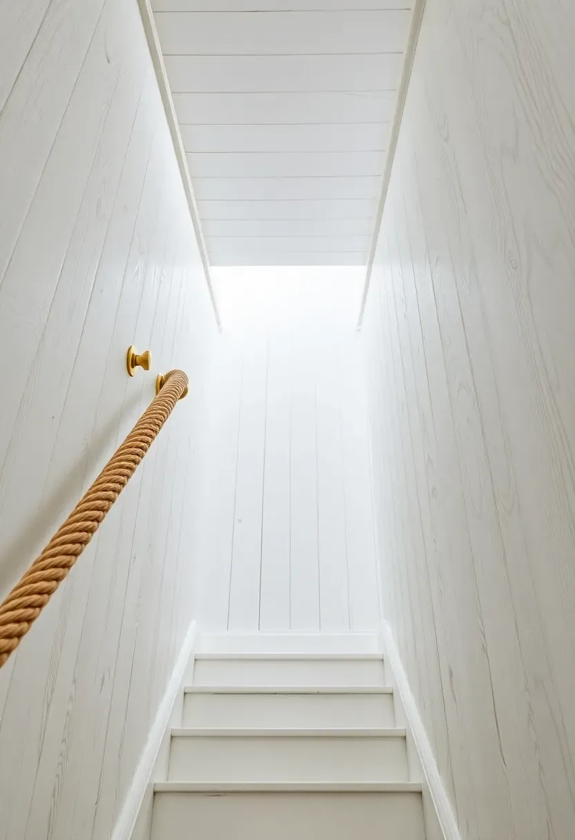 Basement stairwell with whitewashed wood plank walls creating a bright coastal atmosphere with a natural rope handrail