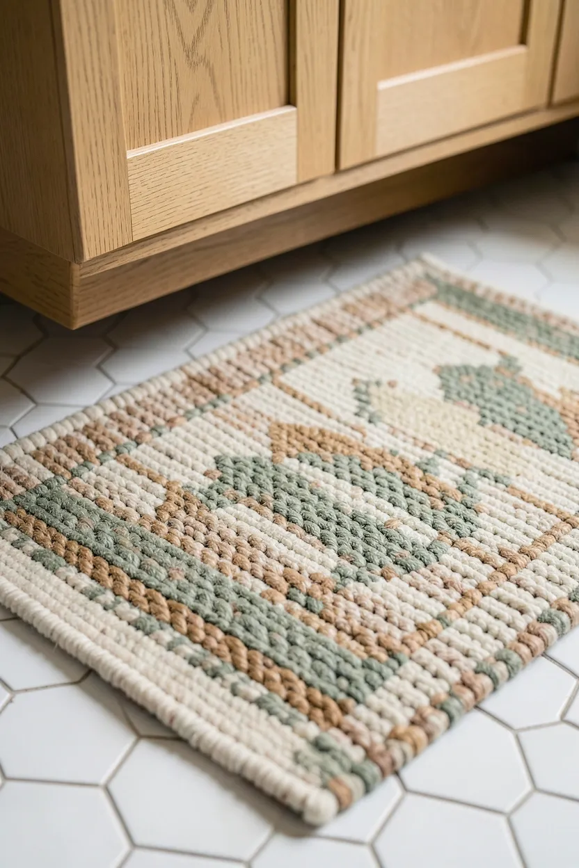 Striped natural cotton throw rug on wood plank flooring in a warm modern farmhouse bathroom