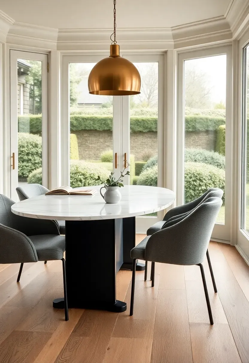 Elegant sunroom dining room with oval marble table, upholstered dining chairs, brass pendant light, and garden views through tall glass panels