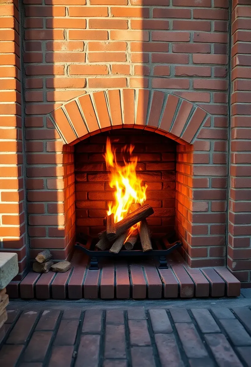 A traditional red brick Rumford-style outdoor fireplace with a tall tapered firebox on a herringbone brick patio