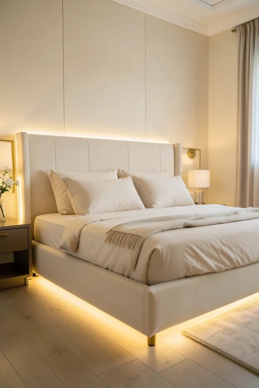 Floating platform bed with warm LED under-bed lighting creating a soft amber glow in a dark modern luxury bedroom