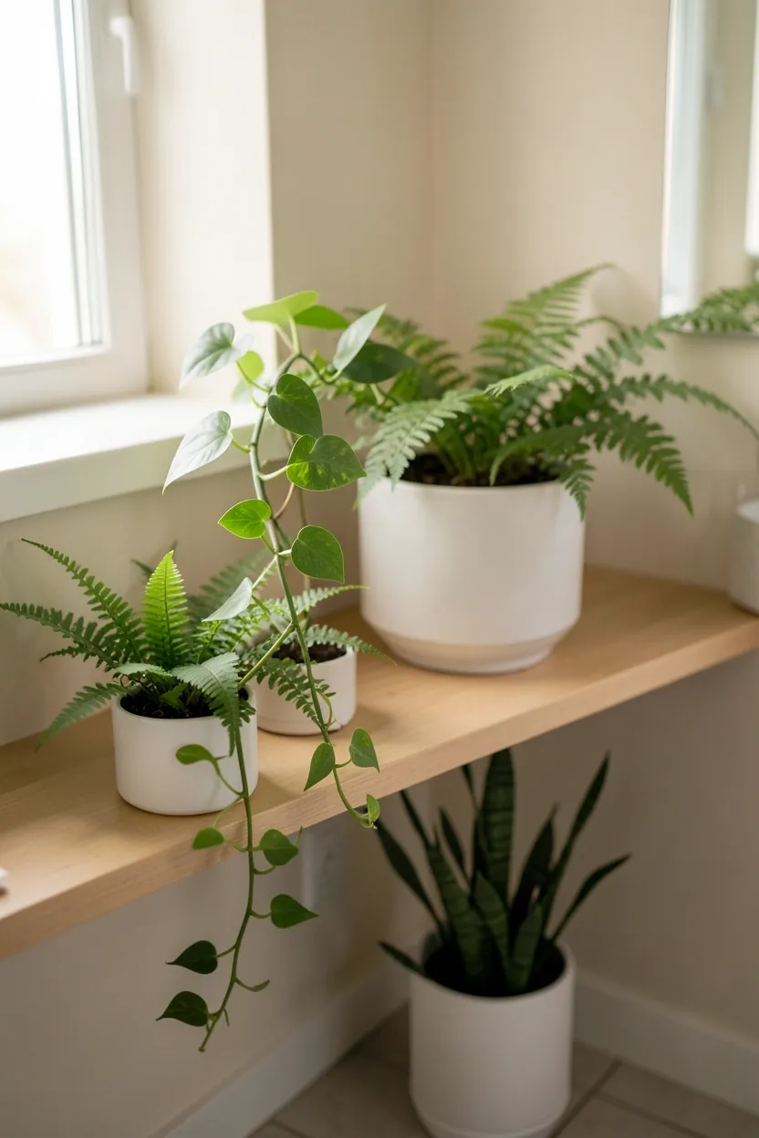 Lush green pothos and fern plants on shelves in a small apartment bathroom, adding natural serenity and organic texture to a cozy rental space