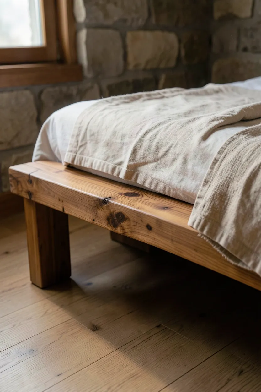Handwoven natural grass floor mat beneath a low bed in a renter-friendly wabi sabi bedroom