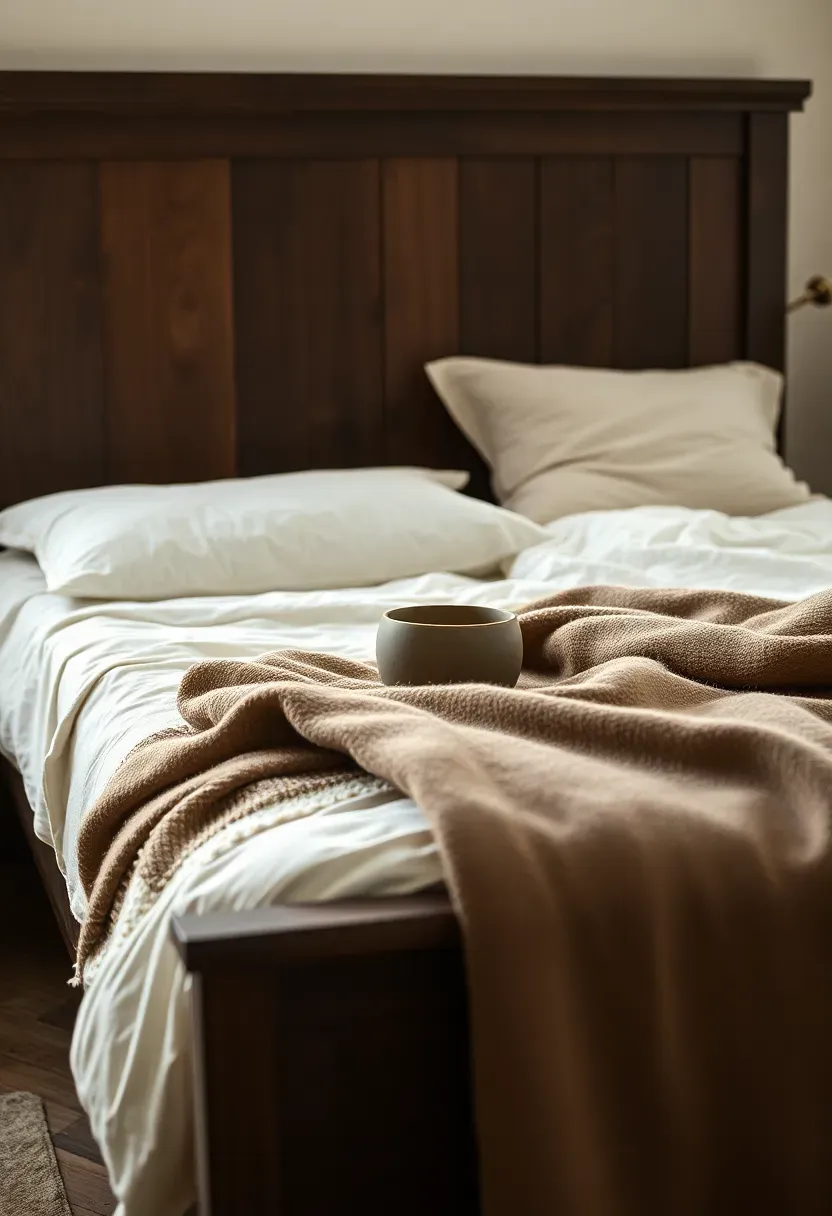 Linen bedding layered against deep wood tones