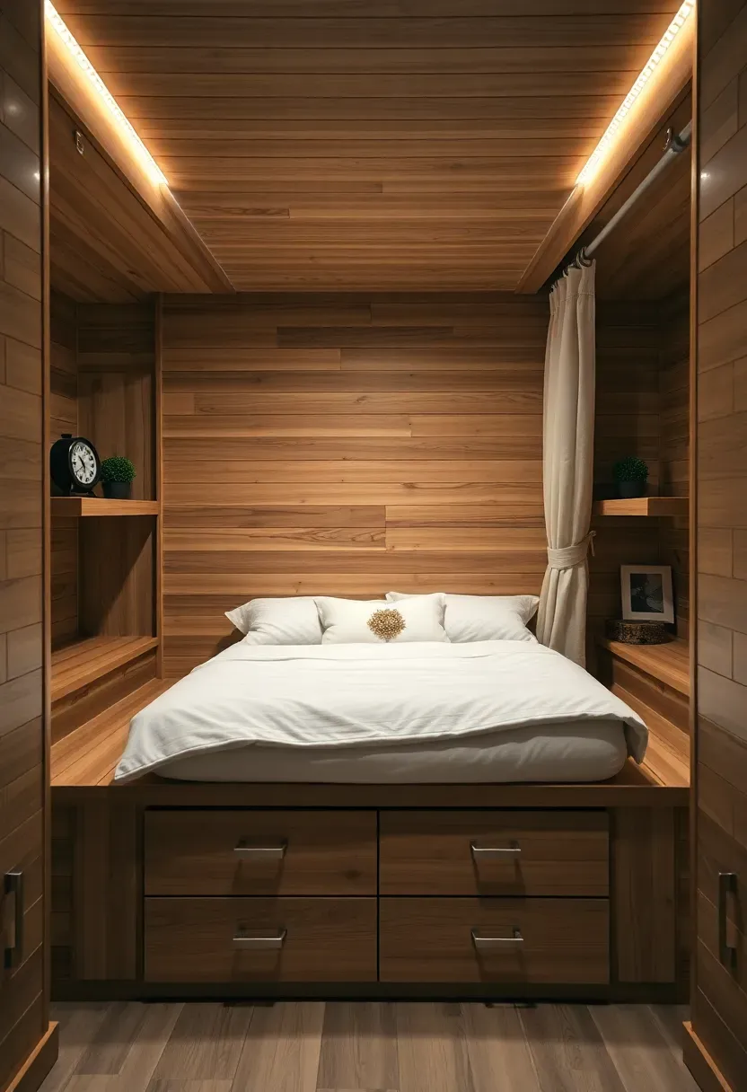 Basement bedroom with a bed recessed into a wall alcove, surrounded by built-in drawers and shelving