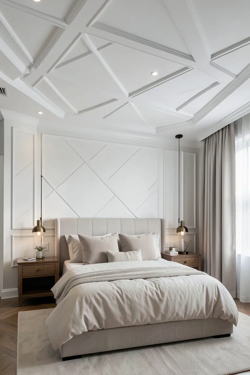 Coffered ceiling with geometric square panels and warm recessed lighting adding architectural depth to an elegant bedroom