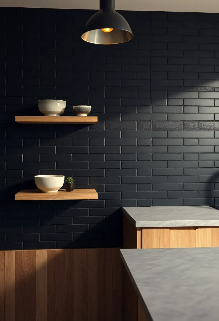 matte black ceramic tile backsplash in a moody modern kitchen with white oak floating shelves