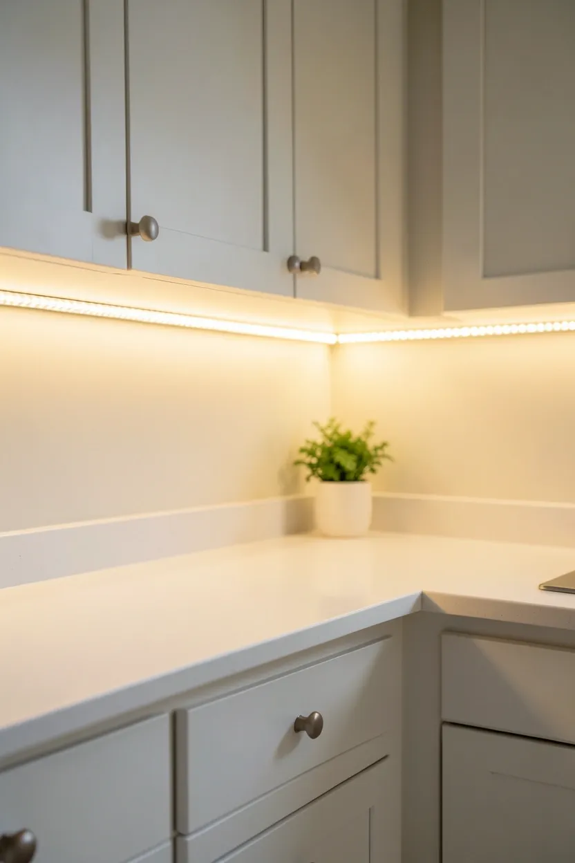 Warm white LED strip lights glowing under white kitchen cabinets — soft task lighting adding cozy ambiance to a Scandinavian rental kitchen