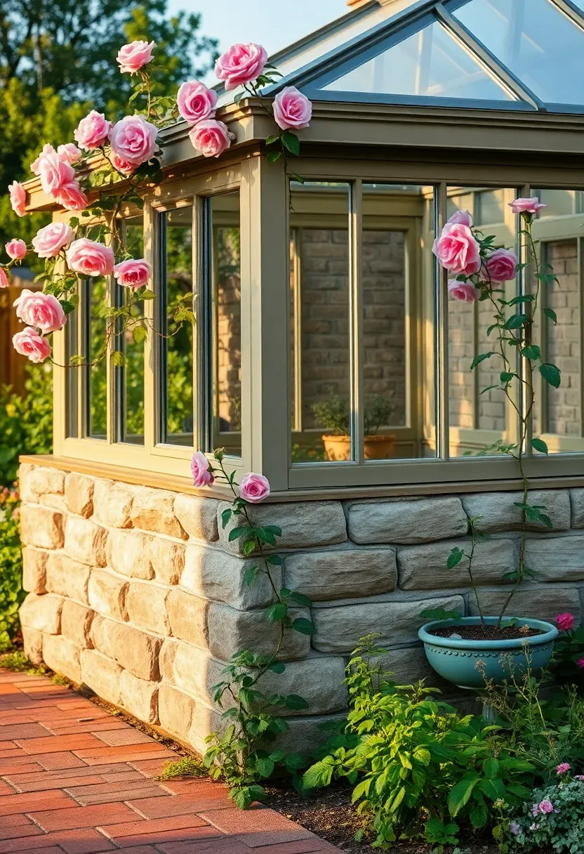 A greenhouse with a low stone knee wall base and glass panels above it set in a cottage garden with climbing roses nearby