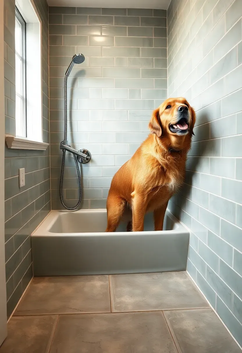 Mudroom dog washing station with walk-in tub flush with sage tile floor, chrome handheld shower, walnut bench beside tub, and wet golden retriever mid-wash