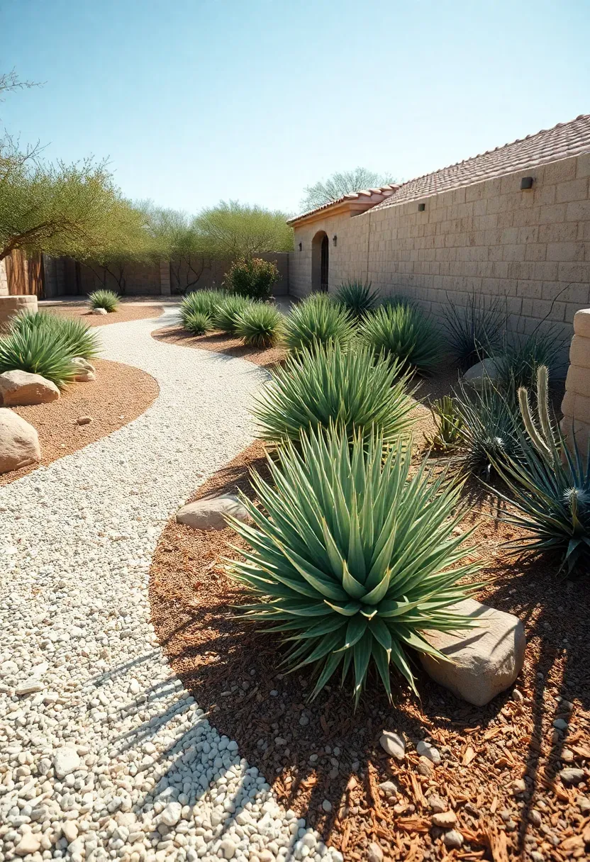 Xeriscaped Texas yard with gravel pathways, native sotol and yucca plants, and limestone borders under harsh midday sun