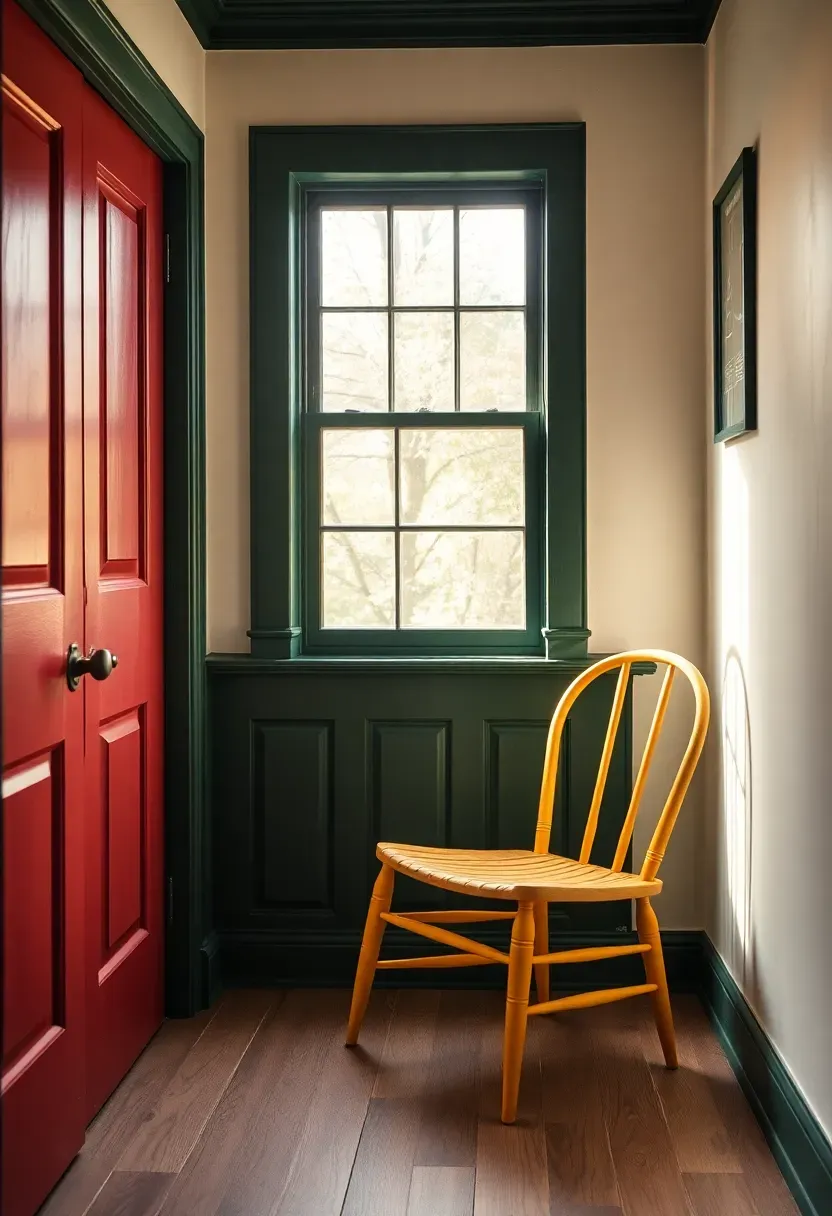 colonial home exterior and interior vignette showing saltbox color palette of barn red deep green and cream