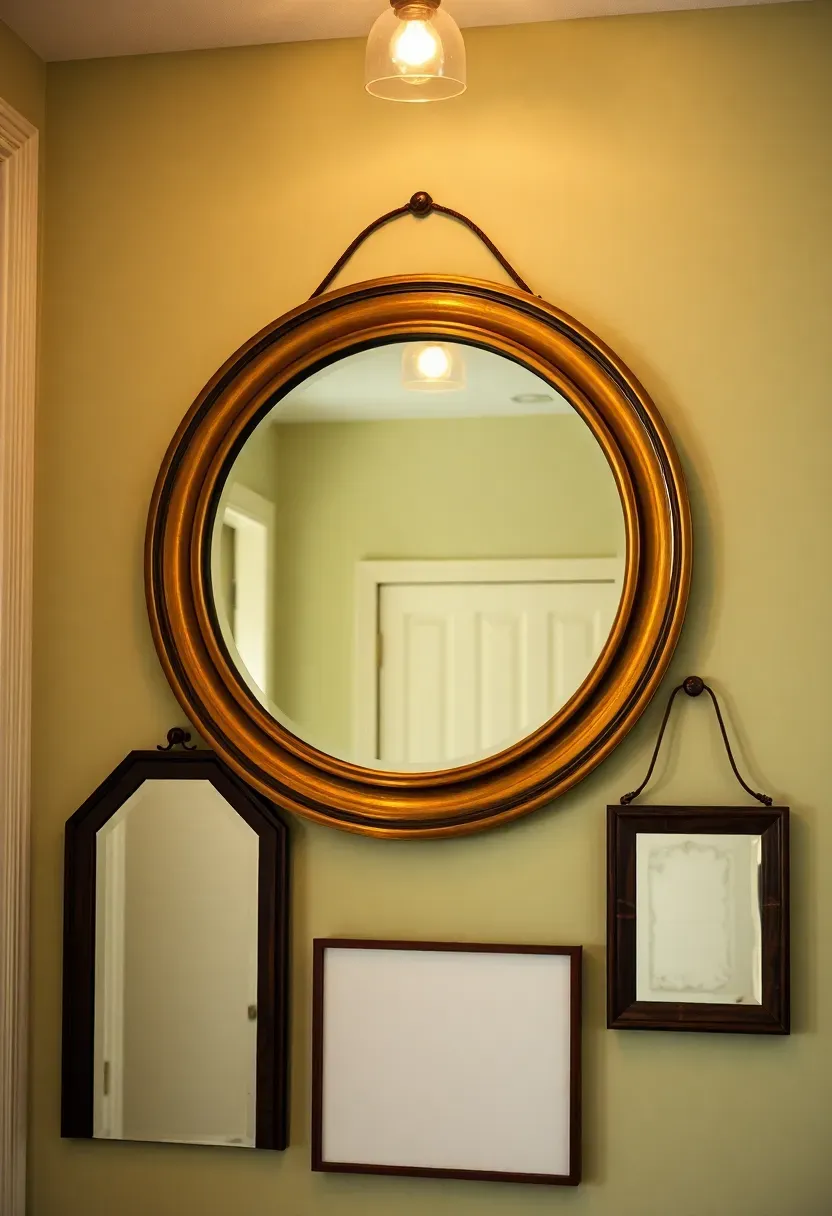 Gallery of three mirrors in apartment hallway including round brass mirror and rectangular dark wood frames