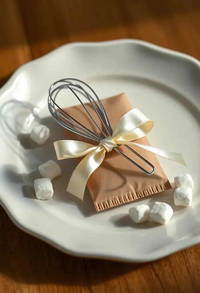 mini whisk tied to a packet of gourmet hot cocoa mix with a satin bow on a white plate