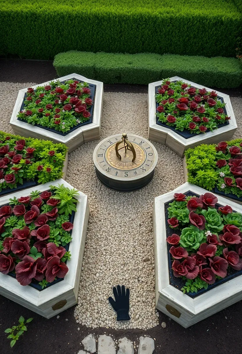 A formal potager vegetable garden with geometric beds edged in boxwood, gravel paths, and a central sundial surrounded by lettuce and herbs