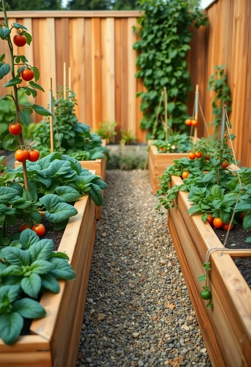 Productive backyard edible garden with raised cedar beds of vegetables and herbs, a fruit espalier on the fence, and gravel pathways between beds