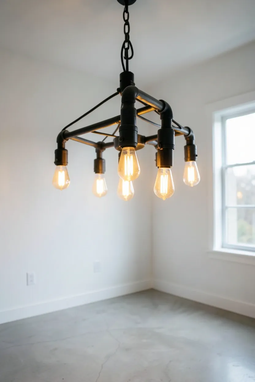 Industrial metal cage pendant lights with warm Edison bulbs hanging above a minimalist living room seating area with concrete walls and gray sofa