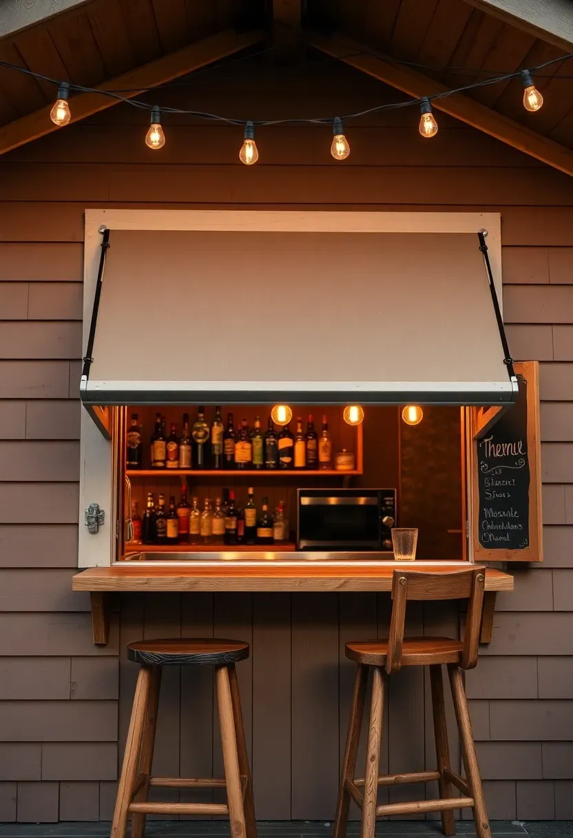 A backyard shed bar with a fold-down counter window, string lights overhead, bar stools outside, and a chalkboard menu on the wall