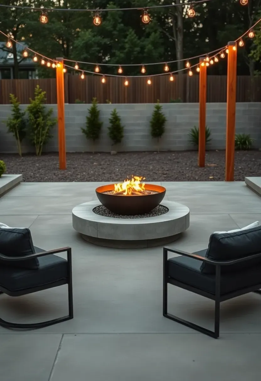 Modern round concrete gas fire bowl on sleek patio with charcoal outdoor sofas and string lights overhead