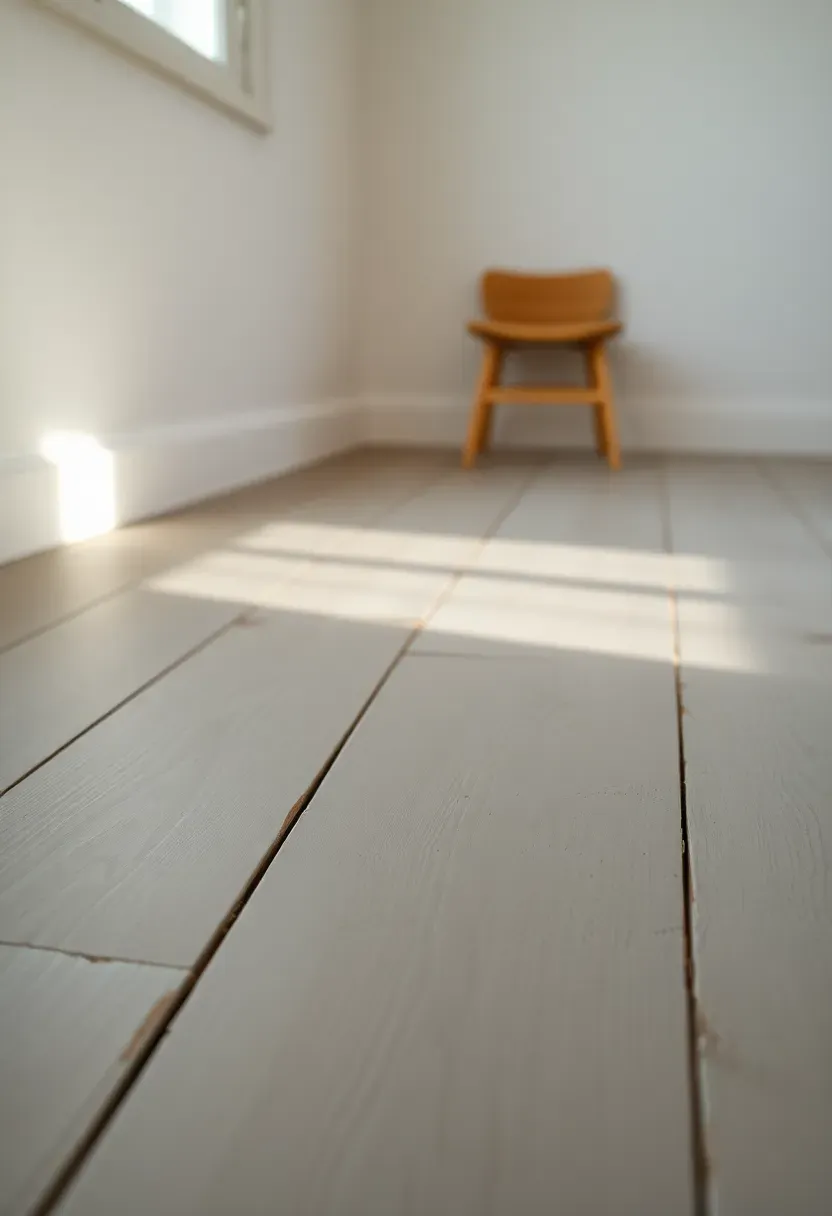 Soft chalky gray painted wood floors with natural wear at traffic paths beneath white distressed cabinets in a bright airy cottage-style kitchen