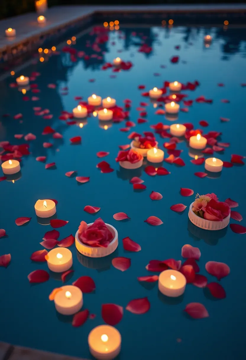 Swimming pool decorated with floating candles, rose petals, and small floral arrangements on the water surface at dusk for a sweet 16 party