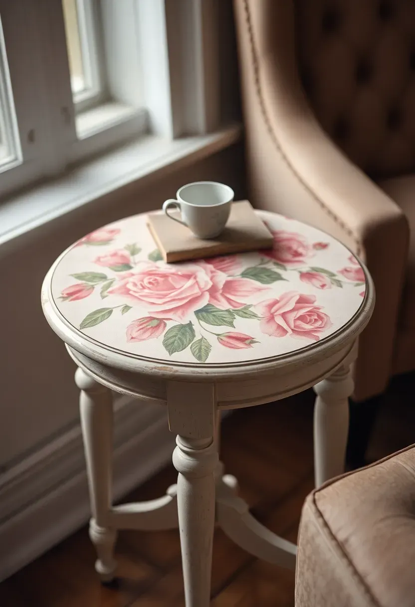 Decoupage floral side table with vintage rose print paper applied to the tabletop and chalk-painted legs in antique white