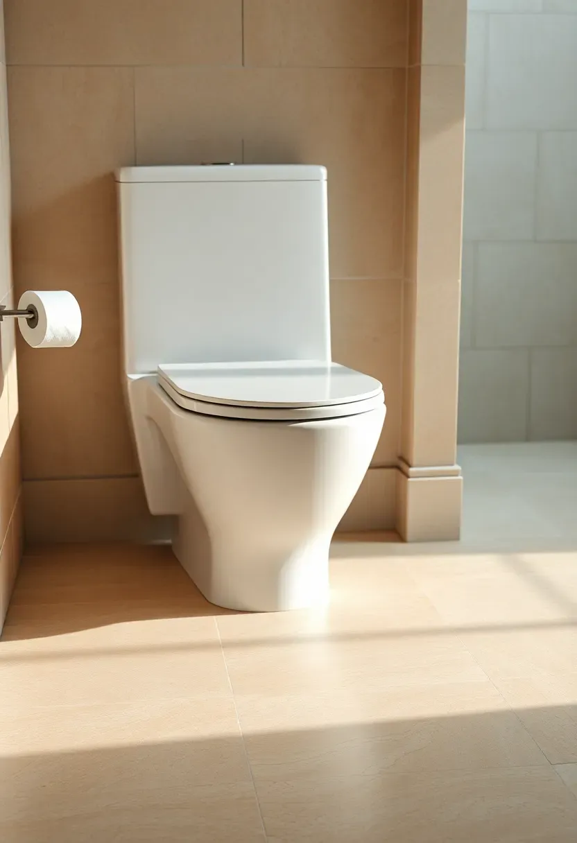 Honed natural stone floor tiles in warm beige tones in a simple modern bathroom with white walls and minimal decor