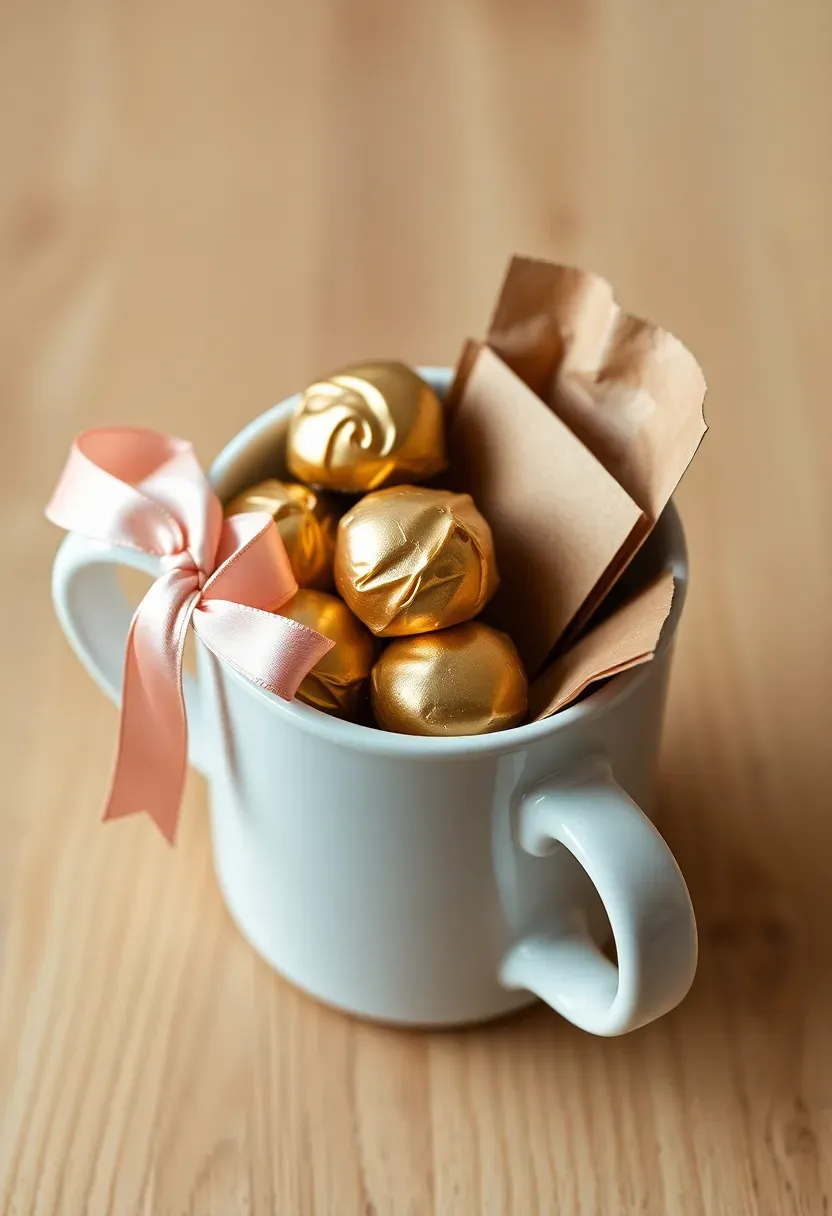 white ceramic coffee mug filled with wrapped chocolates and a small bag of gourmet coffee beans with a baby shower ribbon around the handle