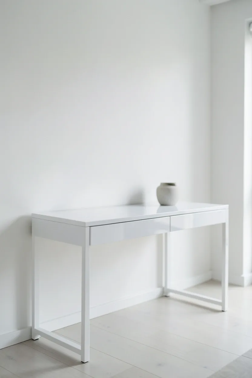 Slim light wood console table with a small lamp and single ceramic object in a modern minimalist living room