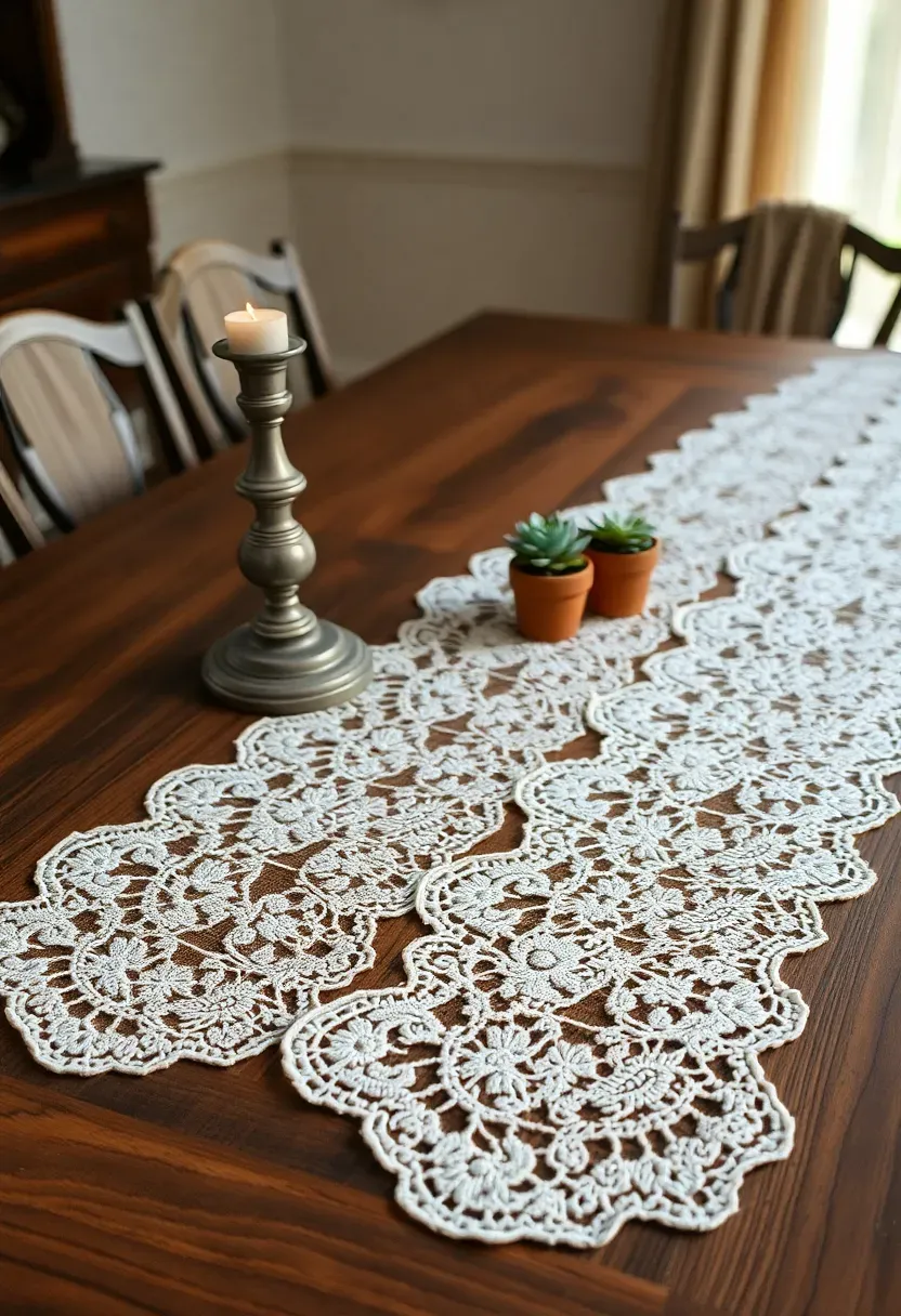Layered lace table runner in ivory and ecru draped along a long wooden dining table with vintage candlesticks and small potted succulents