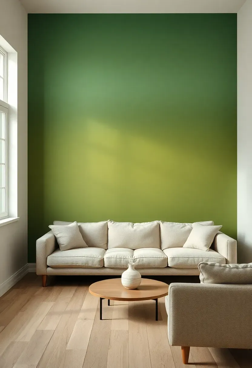 Hyper-realistic full view of living room wall featuring ombré paint effect graduating from deep forest green at bottom through medium olive to pale sage at top, with minimalist beige sofa and round coffee table. Materials: seamless color transition creating watercolor effect, five distinct color bands blending gradually, light oak flooring, linen-textured sofa, ceramic vase. Diffused natural light from window illuminating the color graduation without harsh lines, visible corner showing two walls with consistent ombré treatment. Sharp focus on color blending, no text or logos.</p>