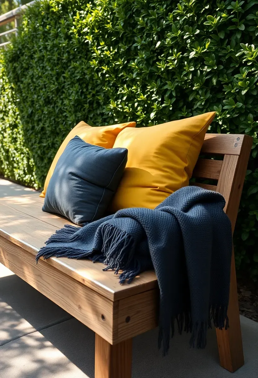 Wooden outdoor bench with layered throw pillows in mustard yellow and charcoal gray against a green hedge background