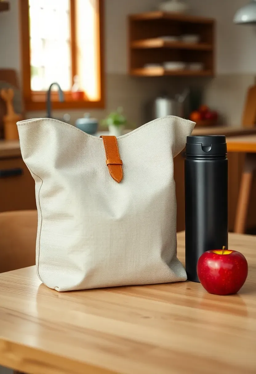 Linen lunch tote in natural beige with leather buckle closure sitting on a break room table next to a thermos and apple