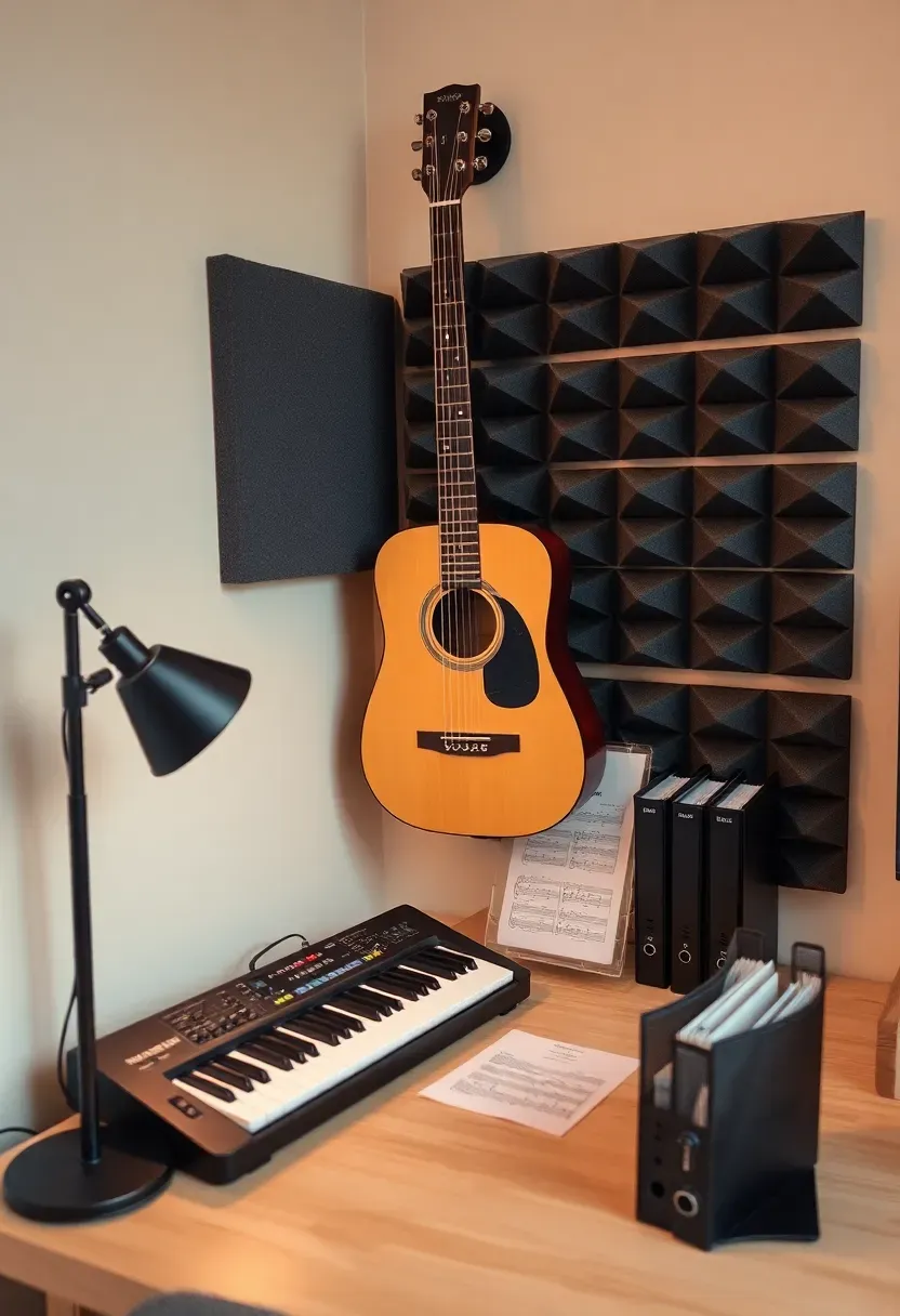 Boy bedroom corner set up as a music studio with an electric keyboard, wall-mounted guitar, acoustic foam panels, and studio headphones