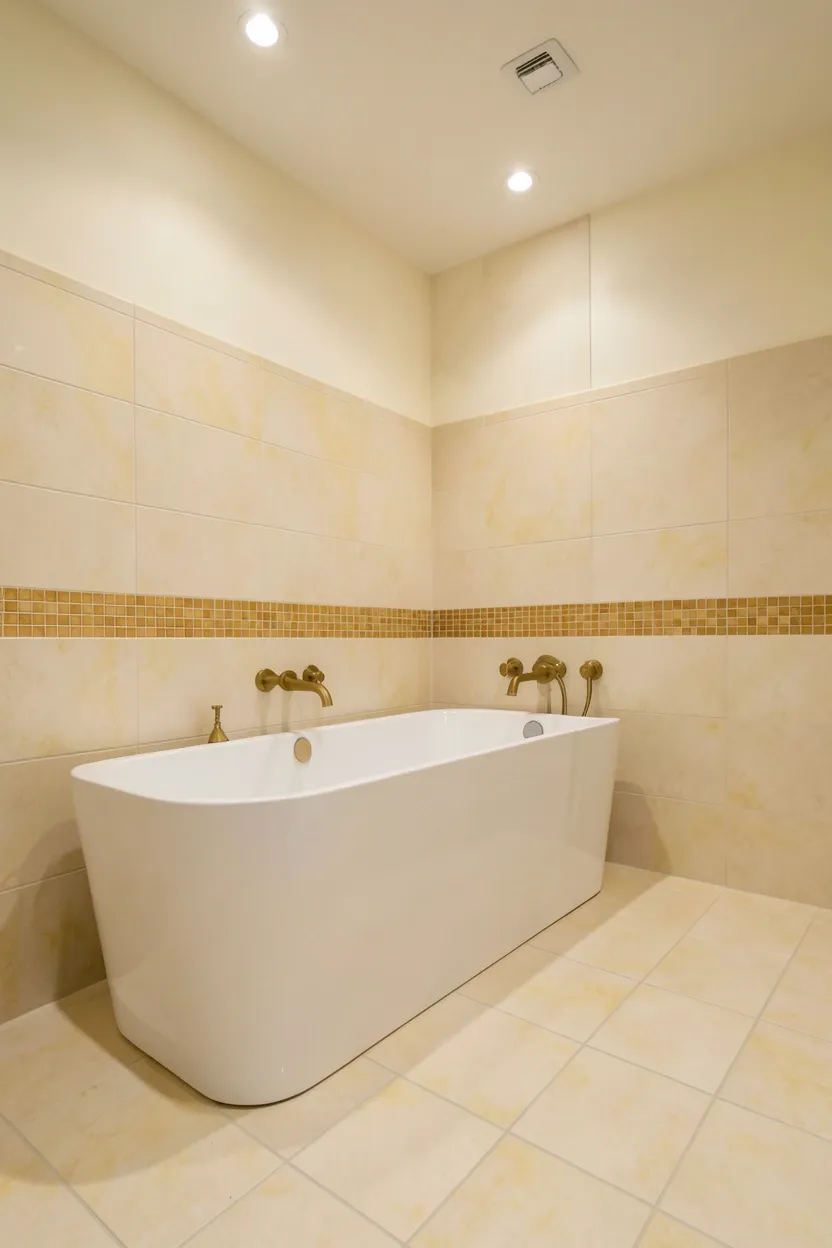 Hyper-realistic 3/4 view of a modern bathroom with large format warm neutral tiles. Floor covered in 24x24 inch matte porcelain tiles in warm cream with subtle yellow undertones. Minimal visible grout lines create seamless appearance. Wall tiles in same material continue from floor up to mid-wall height, creating continuous surface. Accent strip of warm honey-colored mosaic tiles at waist height. Freestanding white tub with brass hardware. Warm ambient lighting from recessed ceiling fixtures. Neutral walls above tile line in pale cream. No text, no logos, no watermarks.</p>