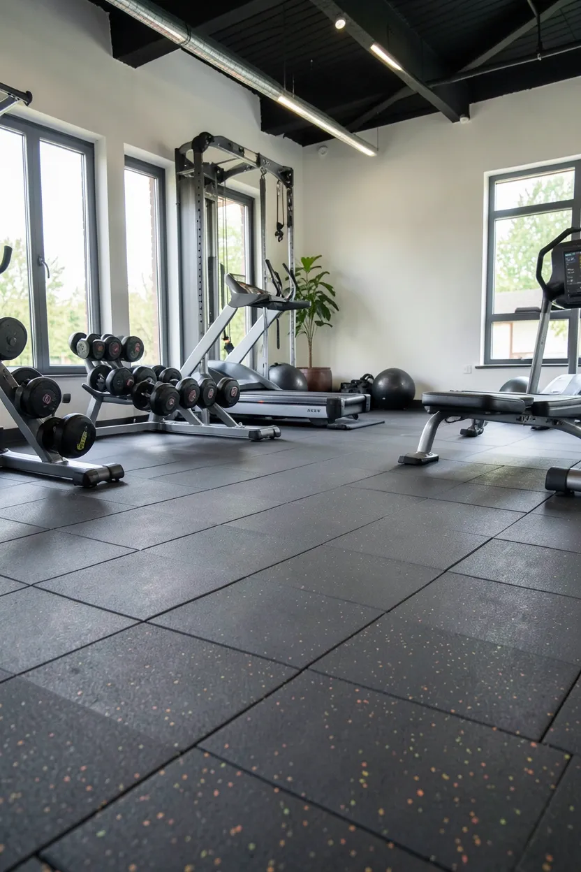 Dark gray recycled rubber tiles with color fleck pattern in a budget-friendly home gym for renters