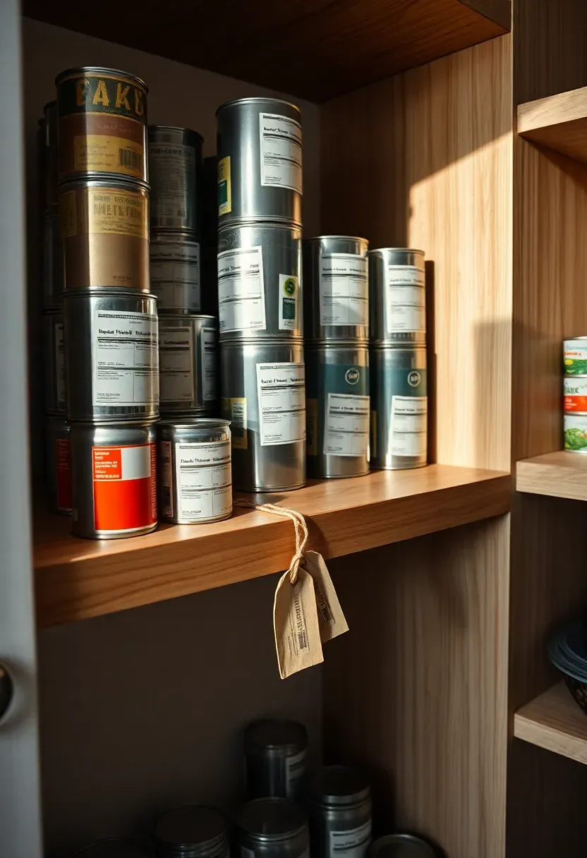 Pantry shelf organized front-to-back with canned goods, older cans pulled to the front and new cans at the back, small color-coded stickers on each can, wax cloth label tag on the shelf edge