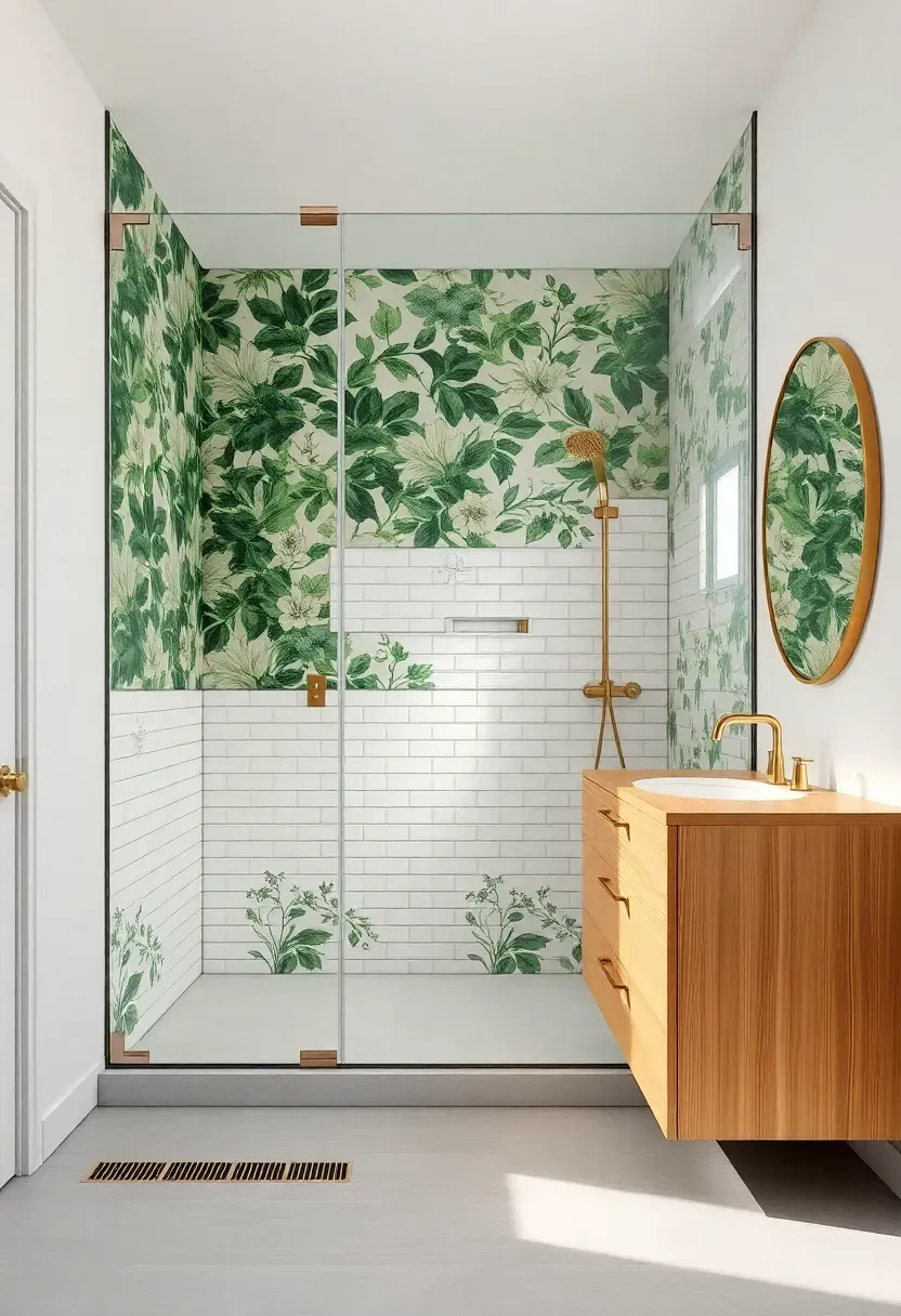 Botanical wallpaper visible behind a frameless glass shower with white tile and brass rainfall head